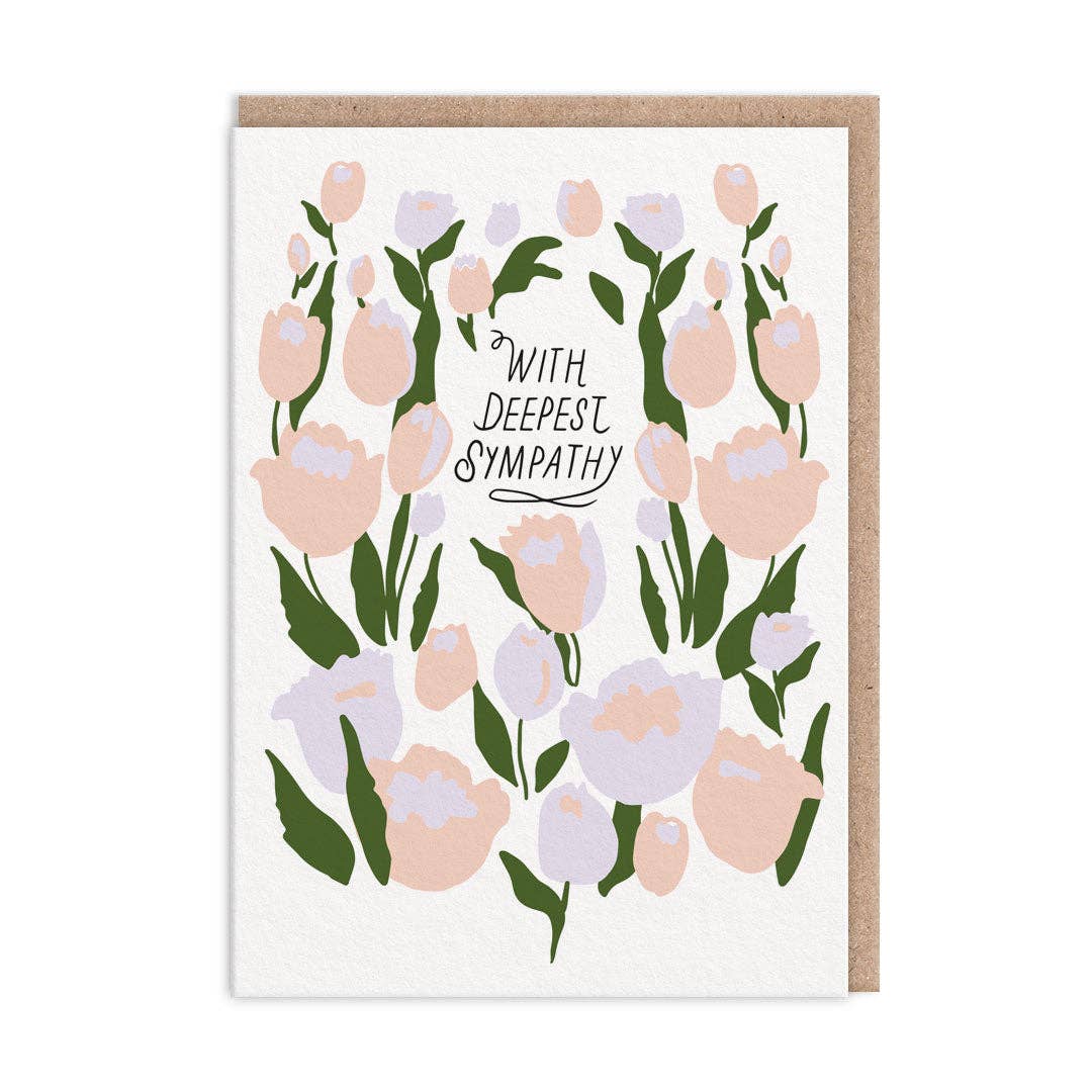 A greeting card with a floral pattern and the text 'With Deepest Sympathy' printed on it, accompanied by a brown envelope.