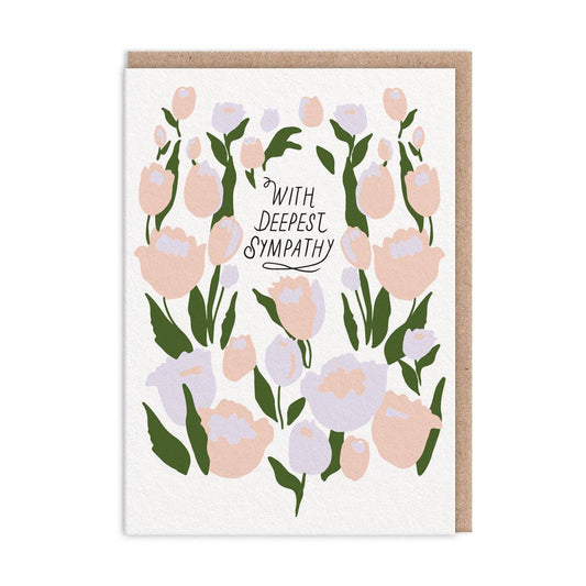 A greeting card with a floral pattern and the text 'With Deepest Sympathy' printed on it, accompanied by a brown envelope.