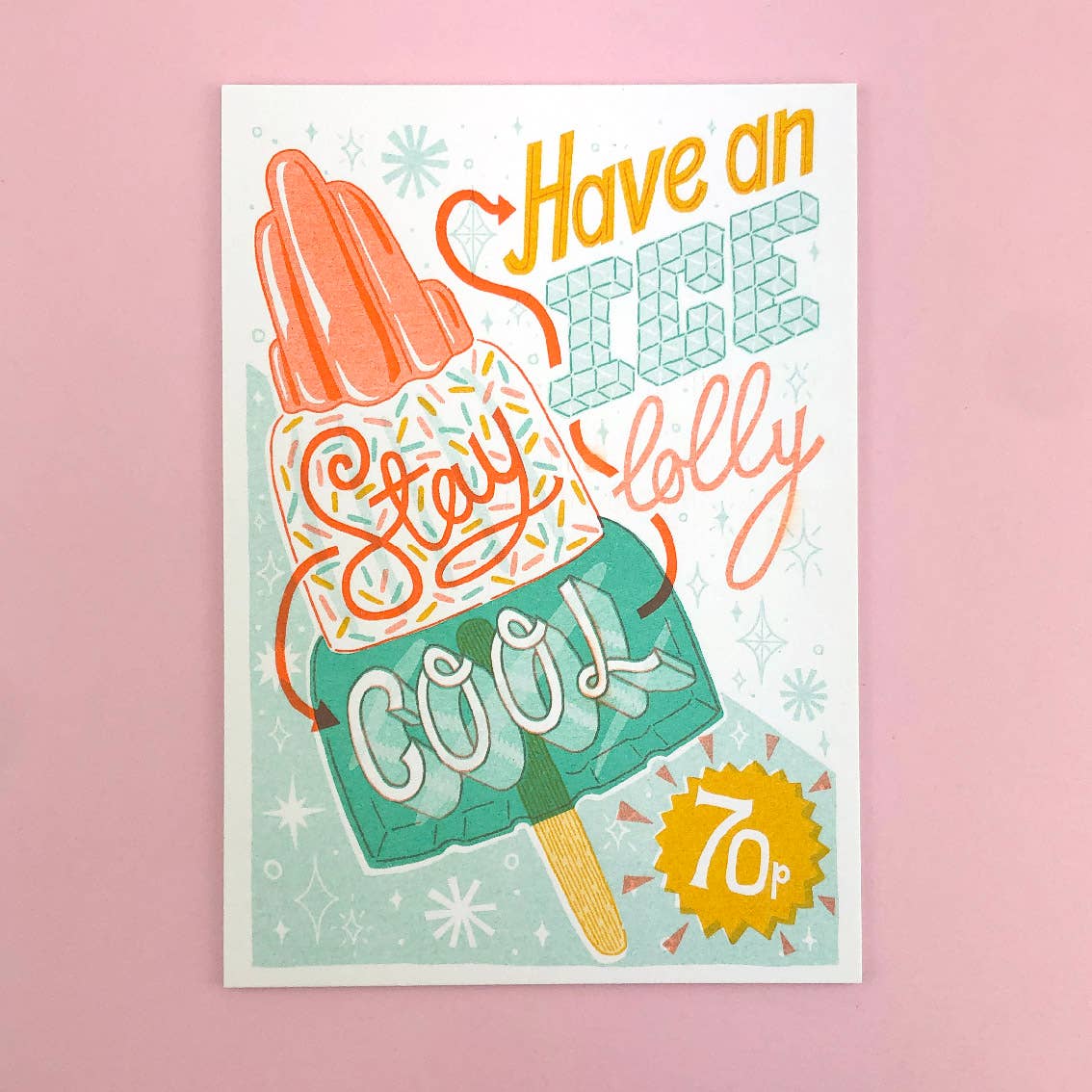 A risograph print of an ice lolly on a pink background.