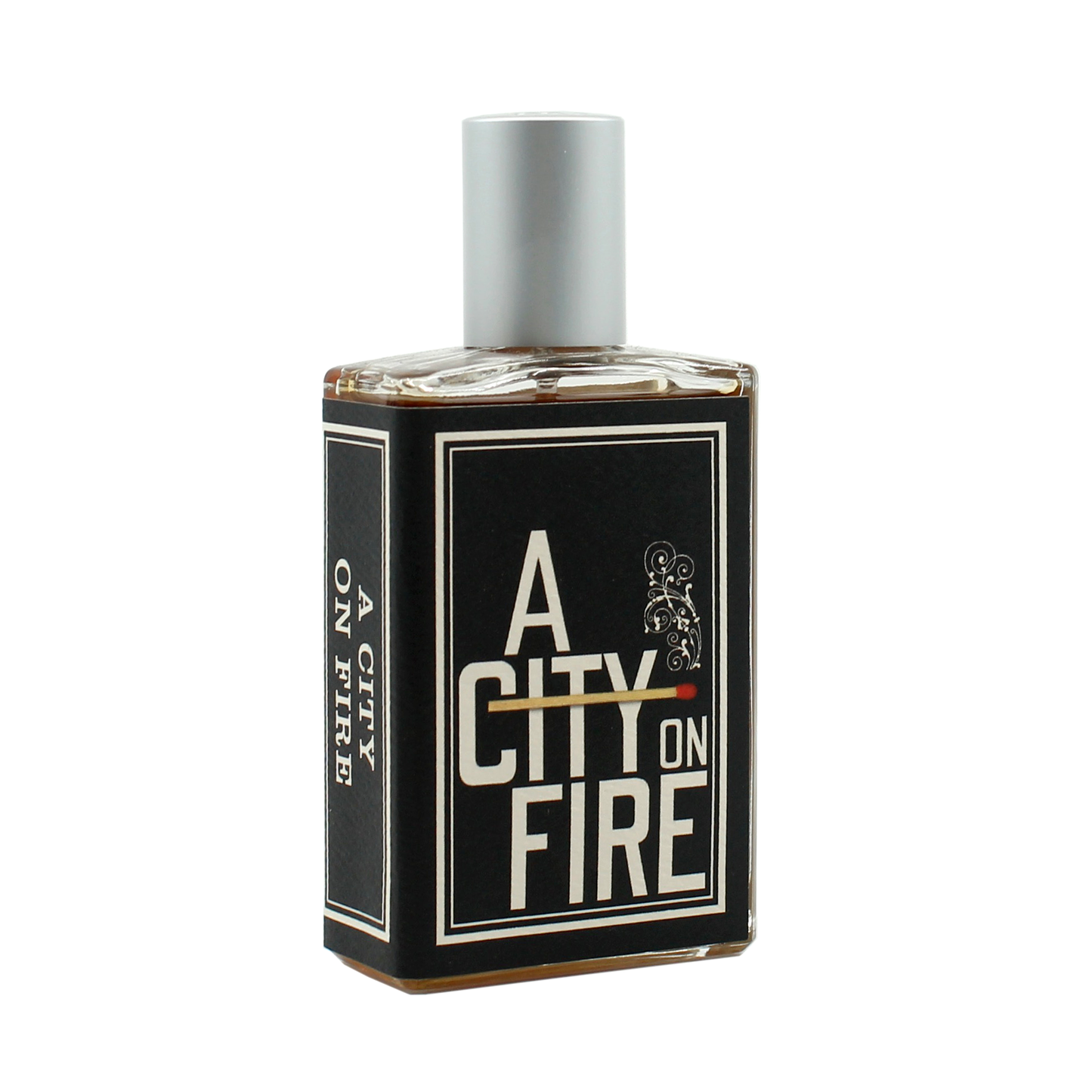 Perfume bottle labeled 'A City on Fire' on a white background