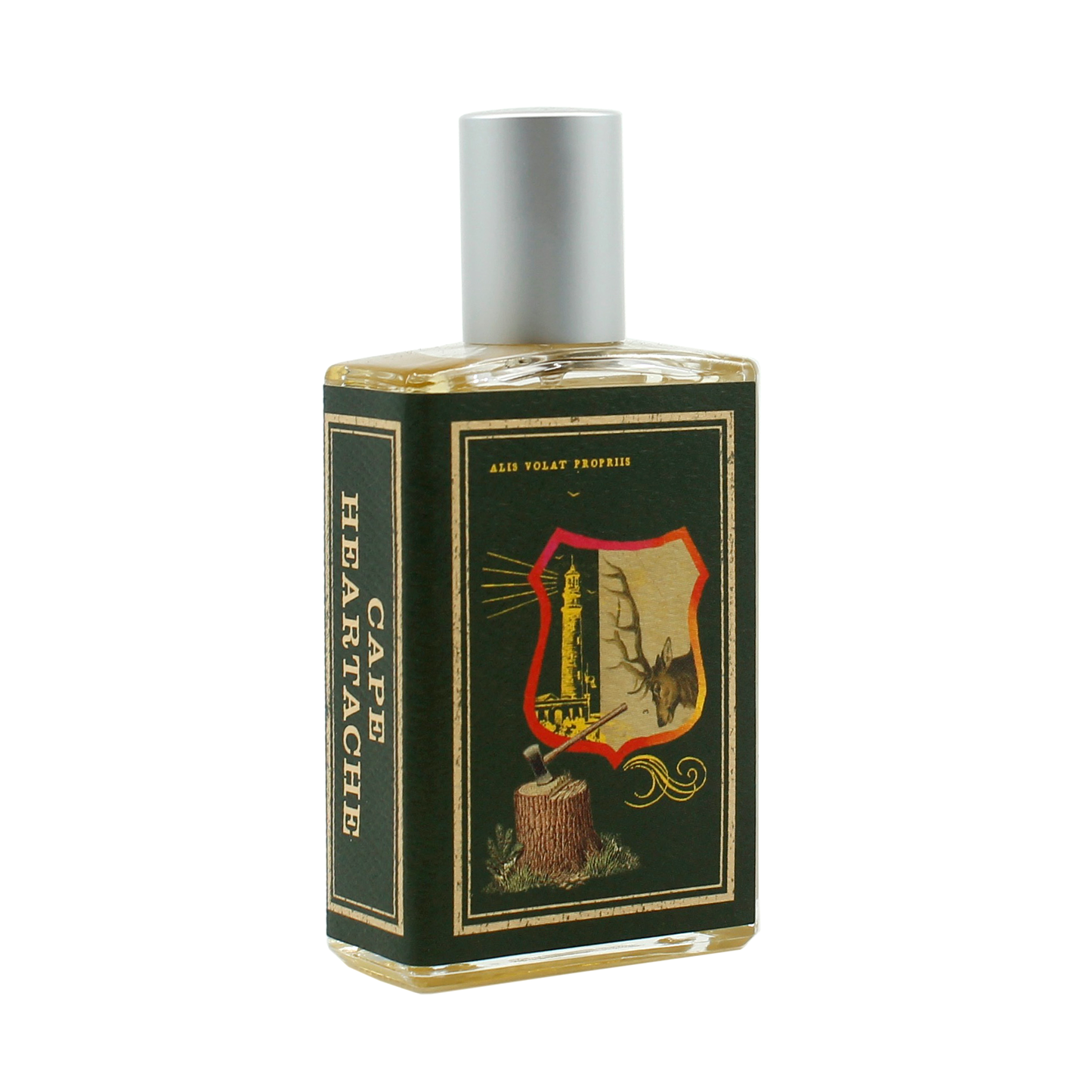Perfume bottle with decorative label for 'Cape Heartache' on a white background