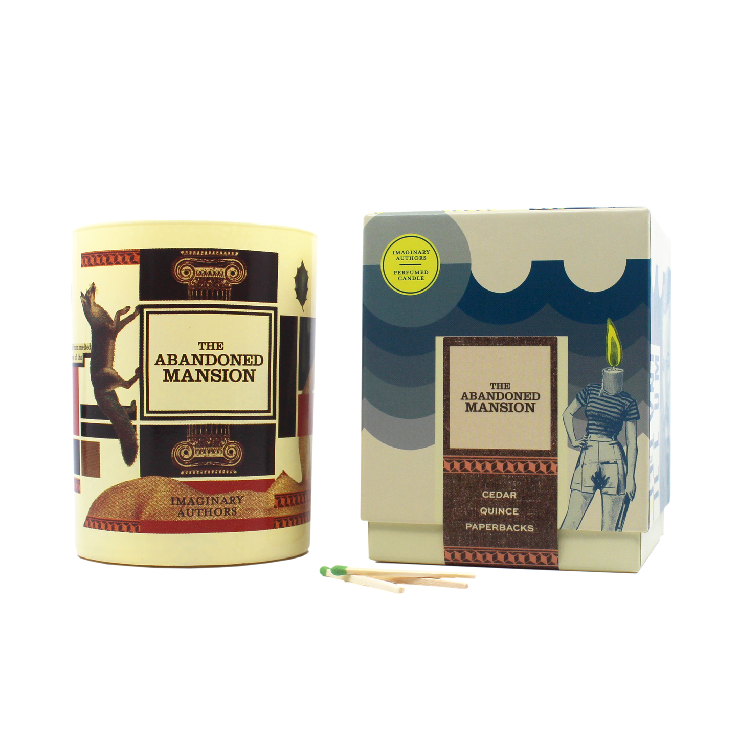 Candle and book packaging titled 'The Abandoned Mansion' on a white background