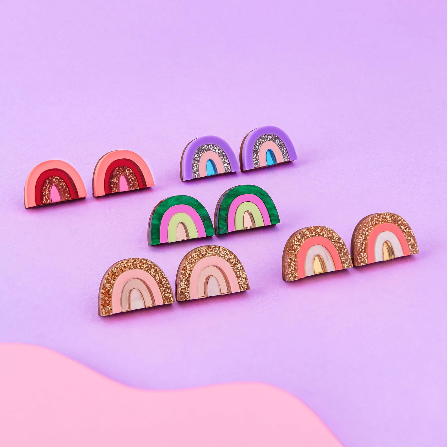 Rainbow Colourful Small Stud Earrings in Rose Gold