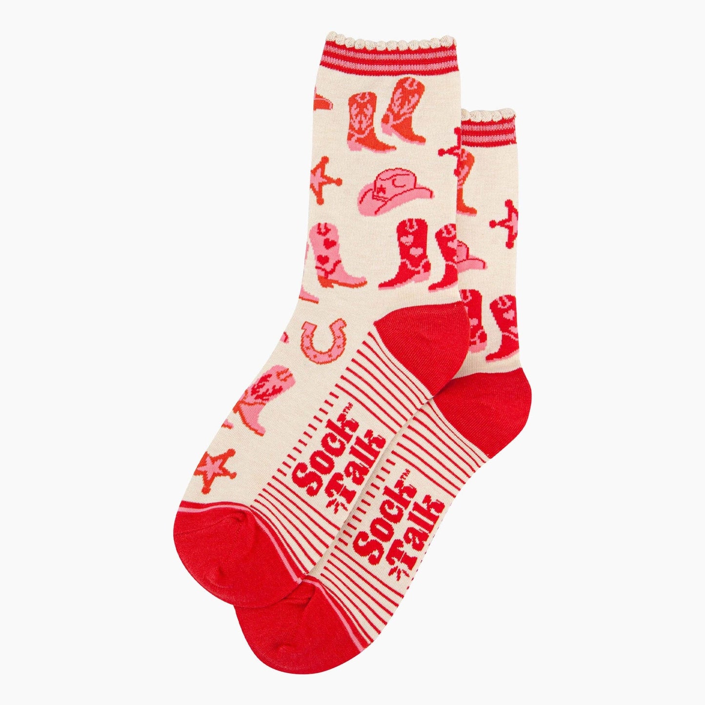 A pair of ankle socks with a western cowgirl theme, featuring red boots and accessories on a cream background with red stripes at the heel. Lying flat on a white background.