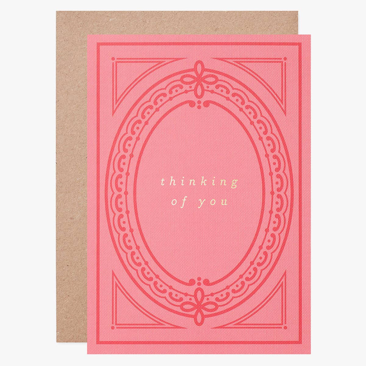 Pink greeting card with decorative border and 'thinking of you' text on a white background