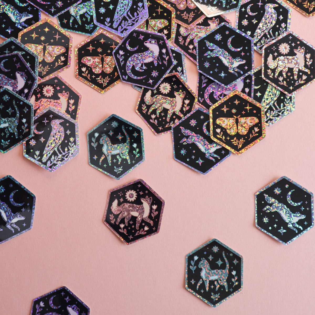 Fox and Sun Hexagon Glitter Sticker
