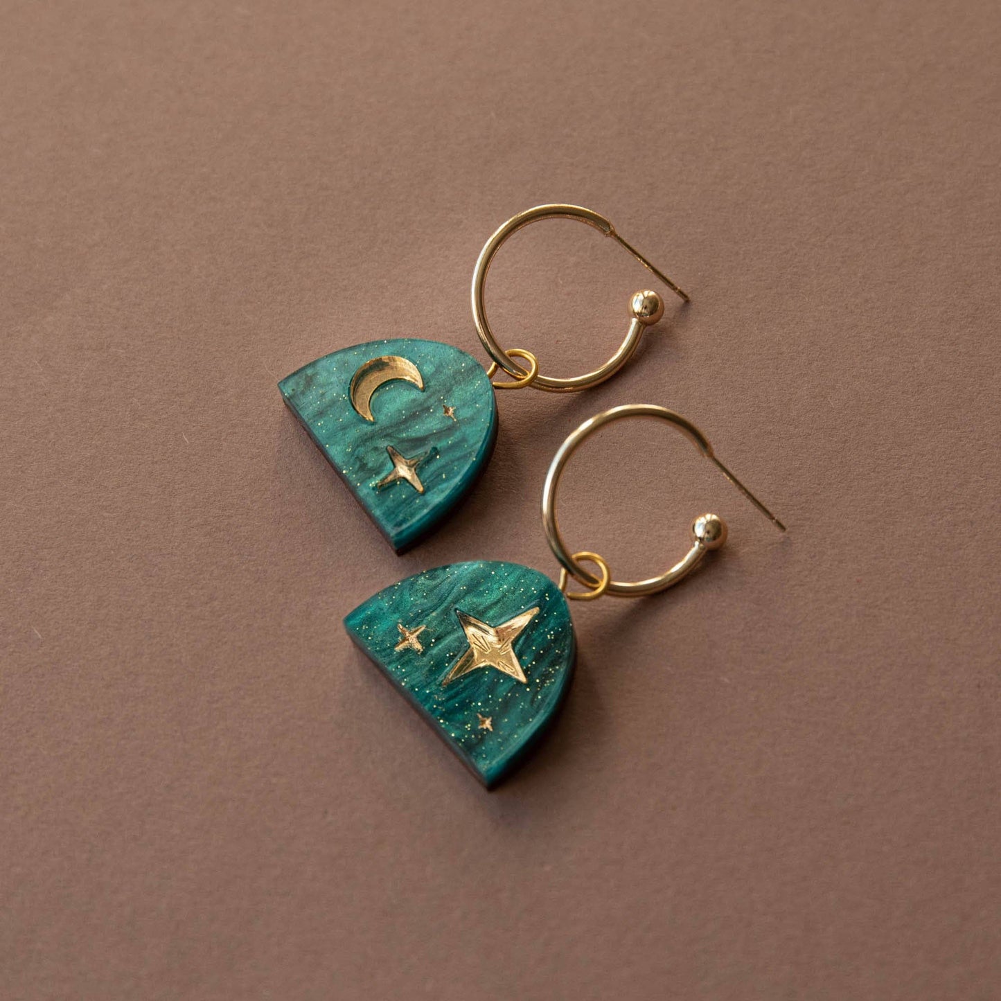 Moon Rising Arc Hoops in Teal Marble & Gold
