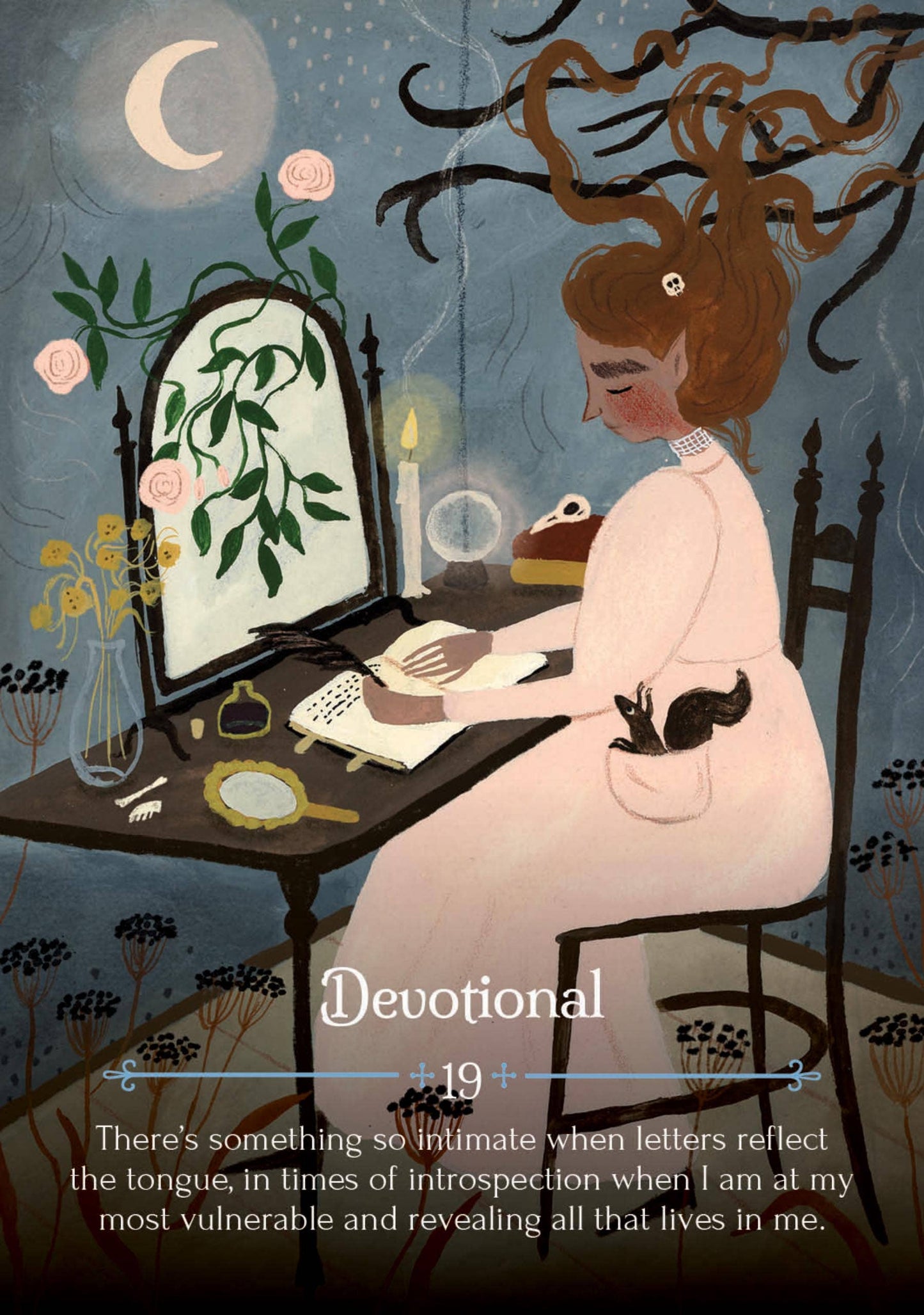 Illustration of a woman writing at a desk with a cat, surrounded by flowers and a mirror, with text 'Devotional' displayed.