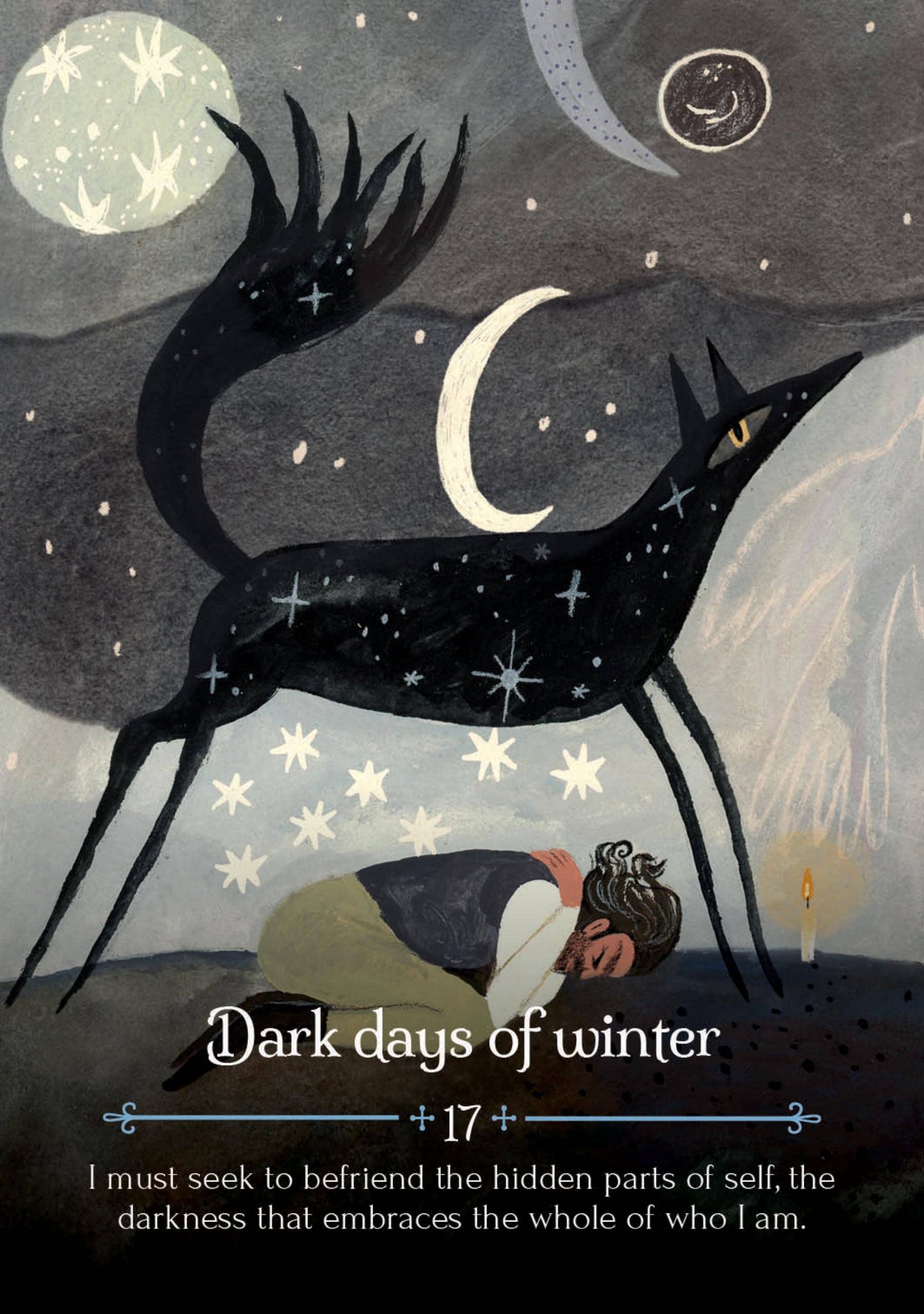 Illustration of a person lying down with a large black creature and celestial elements, text 'Dark days of winter' displayed.