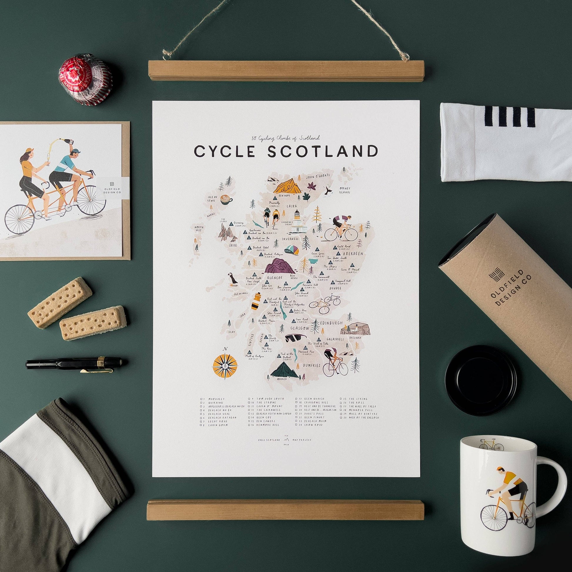 Map of Scotland with cycling theme on a dark green surface with stationery items.