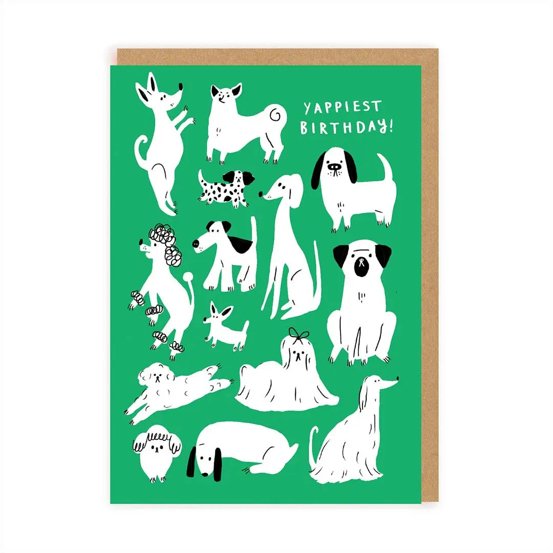 A greeting card with various illustrations of dogs and the text 'Yappiest Birthday!' on the front.