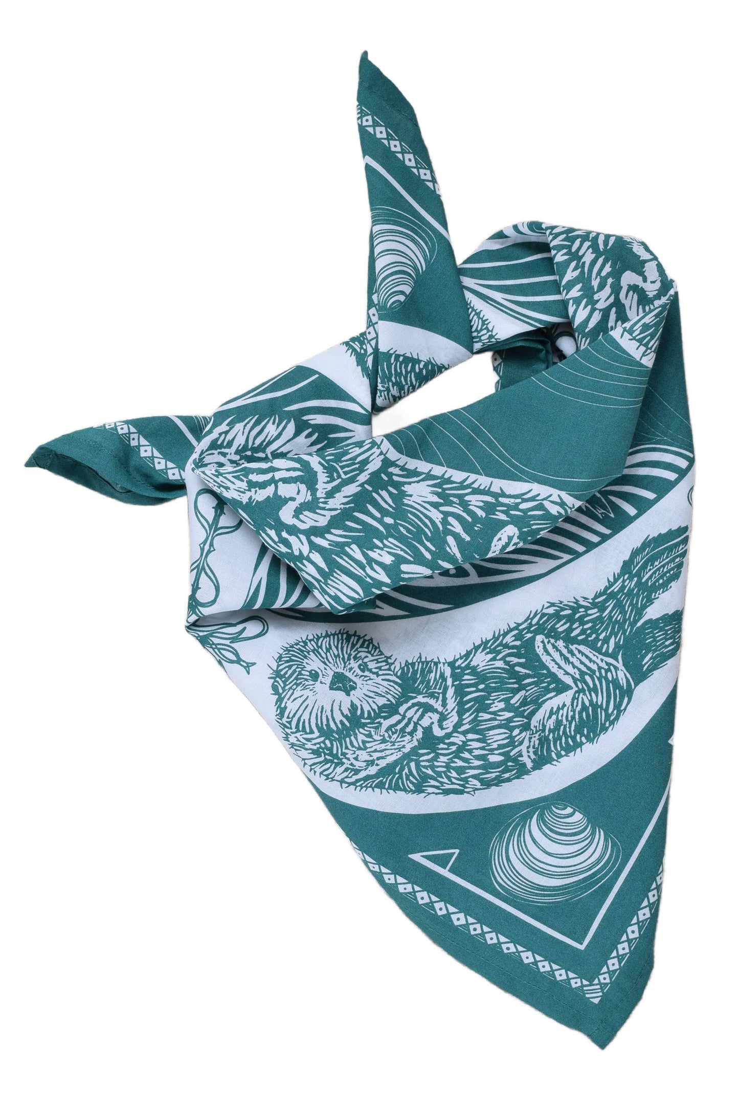 Teal and white patterned bandana with animal illustrations on a white background