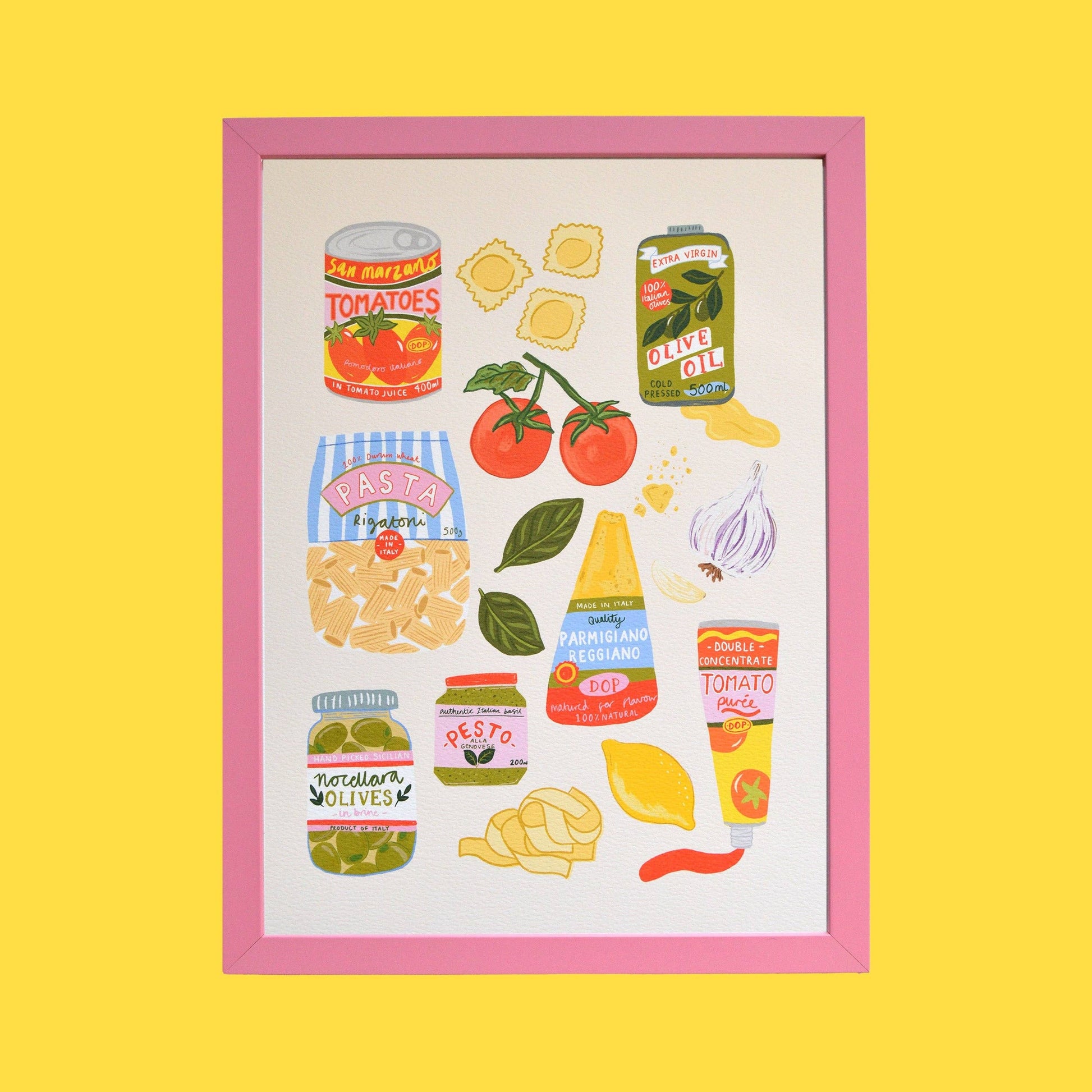 Illustration of food items including pasta, tomatoes, olive oil, and jars on a yellow background.