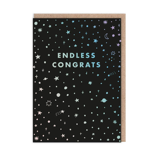 A black greeting card with a pattern of holographic stars and the text 'ENDLESS CONGRATS' in a lighter shade.