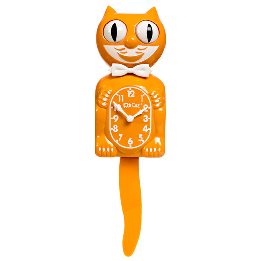 Orange cat-shaped clock with a white background