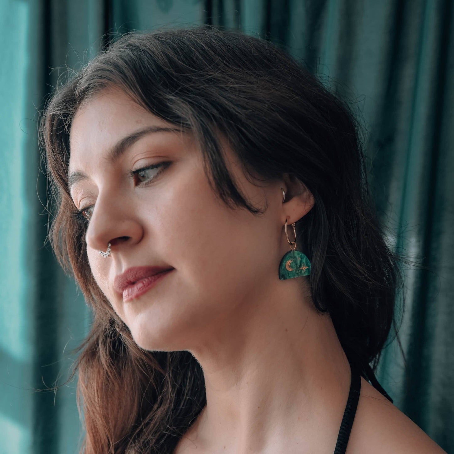 Moon Rising Arc Hoops in Teal Marble & Gold