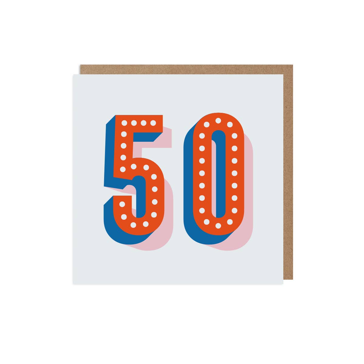 A 50th birthday card with the number 50 printed in bold blue and red letters, with dots on each number, presented on a white background with a kraft envelope.
