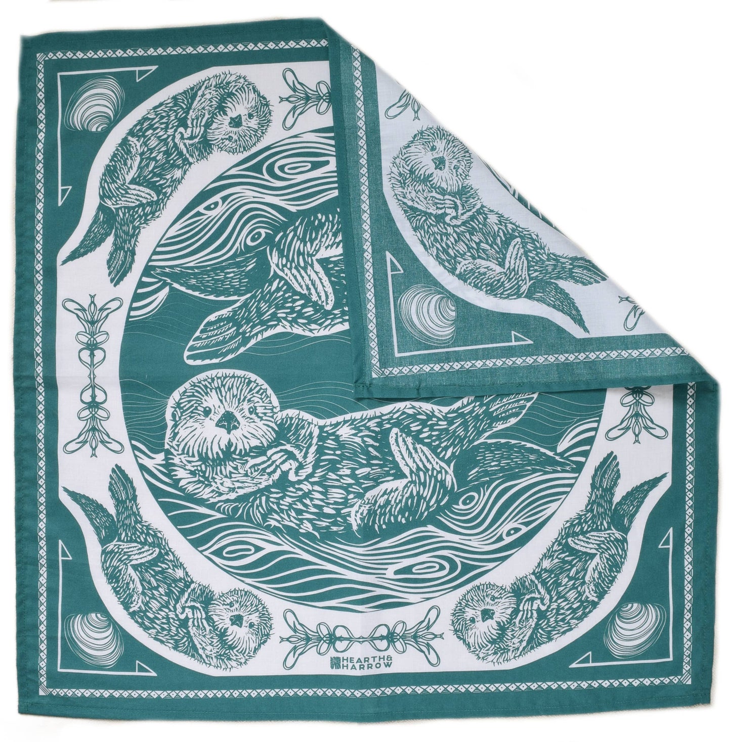 Teal scarf with white otter pattern on a white background
