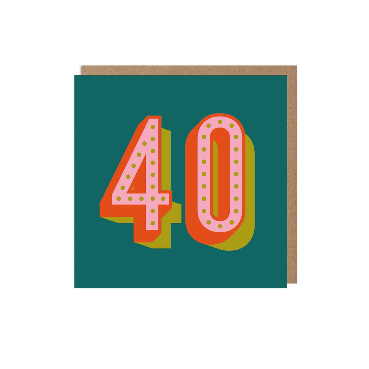 A colorful 40th birthday card with large numbered '40' on a dark green background, accompanied by a kraft envelope.