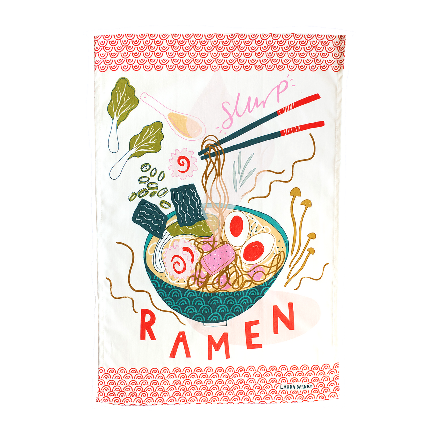 A multicolored organic cotton tea towel with an illustration of a ramen bowl and the word 'Ramen' printed across the bottom, on a white background.