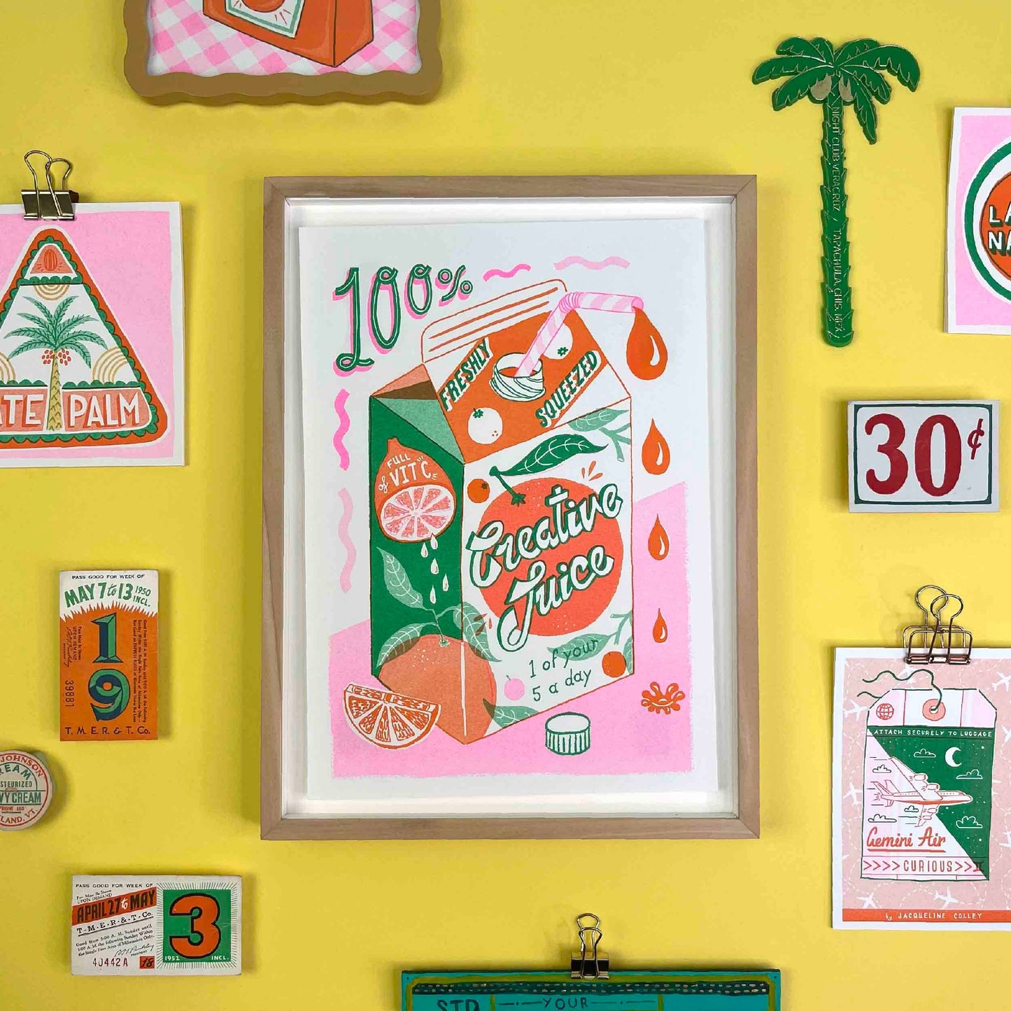 neon colourful print of orange juice carton printed by risograph designed by Jacqueline Colley. Quirky colourful home decor art print.