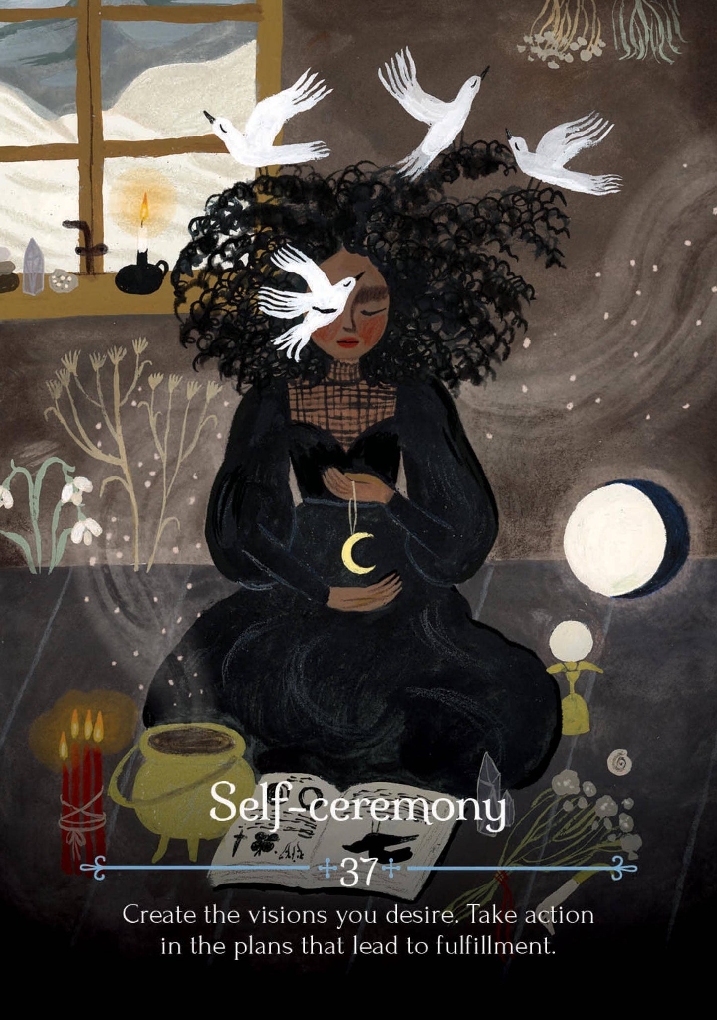 Illustration of a person with a crescent moon symbol, surrounded by nature elements and text about self-ceremony.