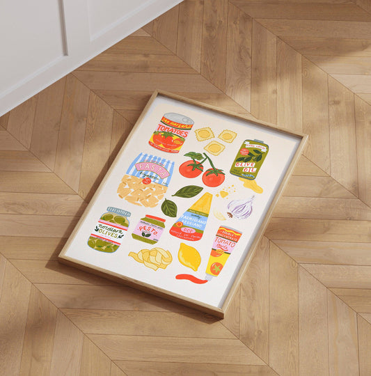 Framed artwork with colorful illustrations of food items on a wooden floor.