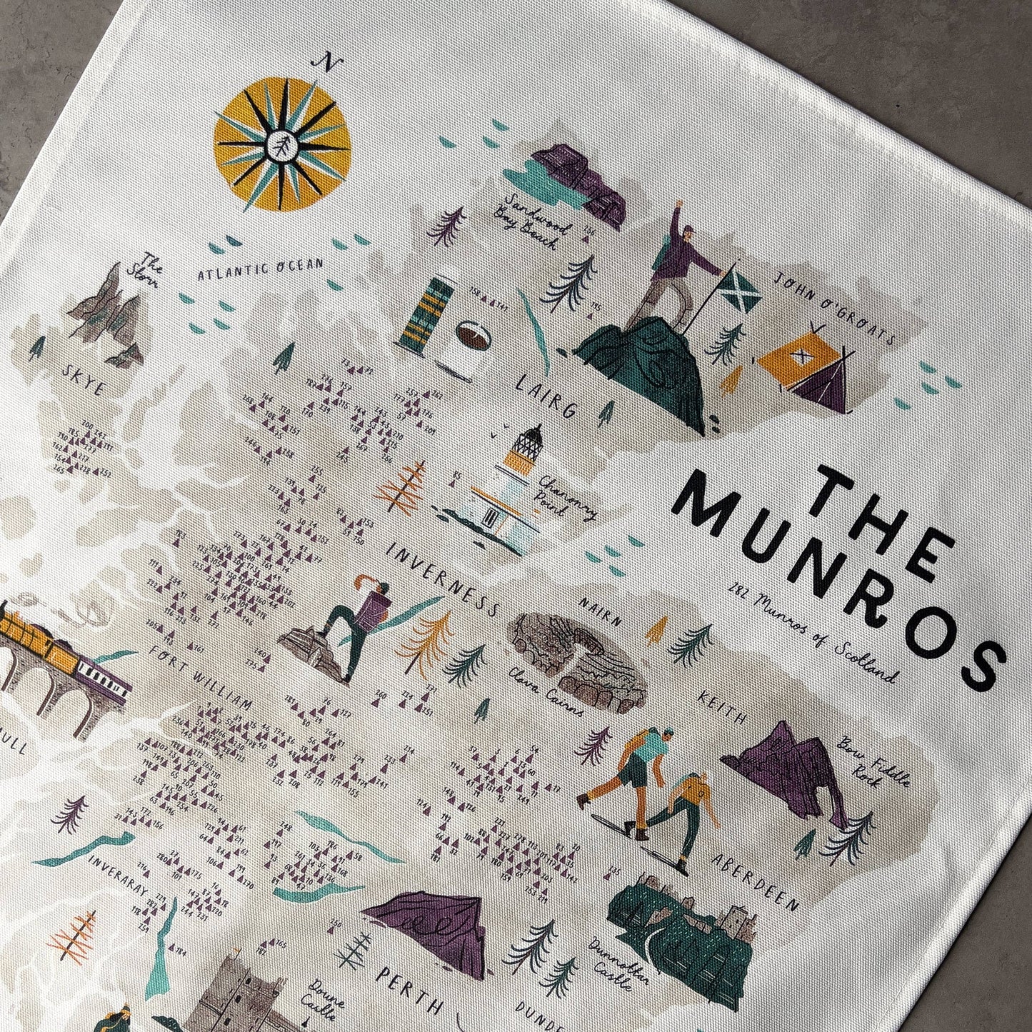 Map of The Munros with illustrations and text on a white background on a tea towel