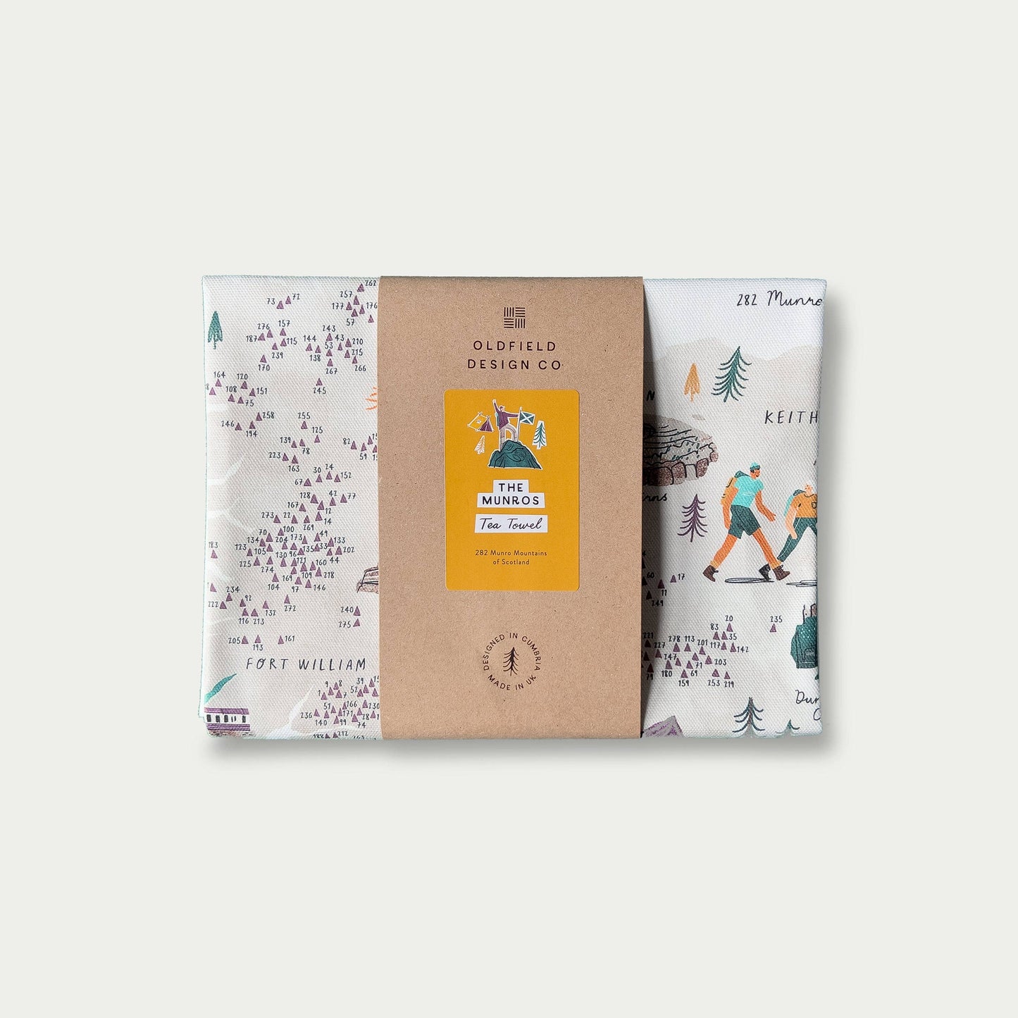Packaged product with a brown label and scenic design on a white background