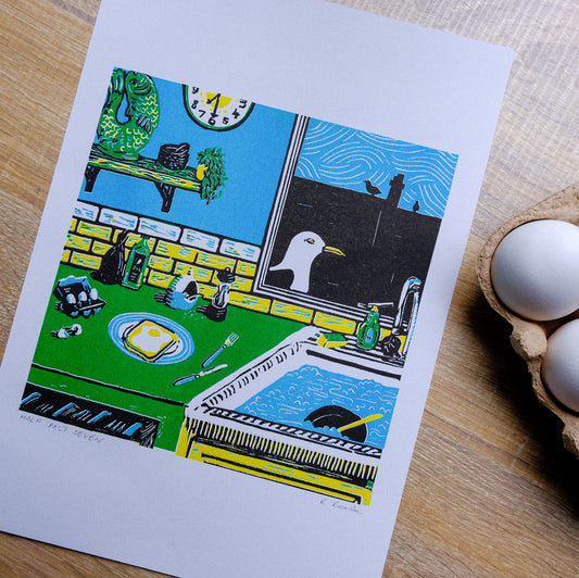 A colorful linocut illustration depicting a seagull perched on a window sill with a view of a breakfast table and a clock showing the time as 'Half Past Seven'.