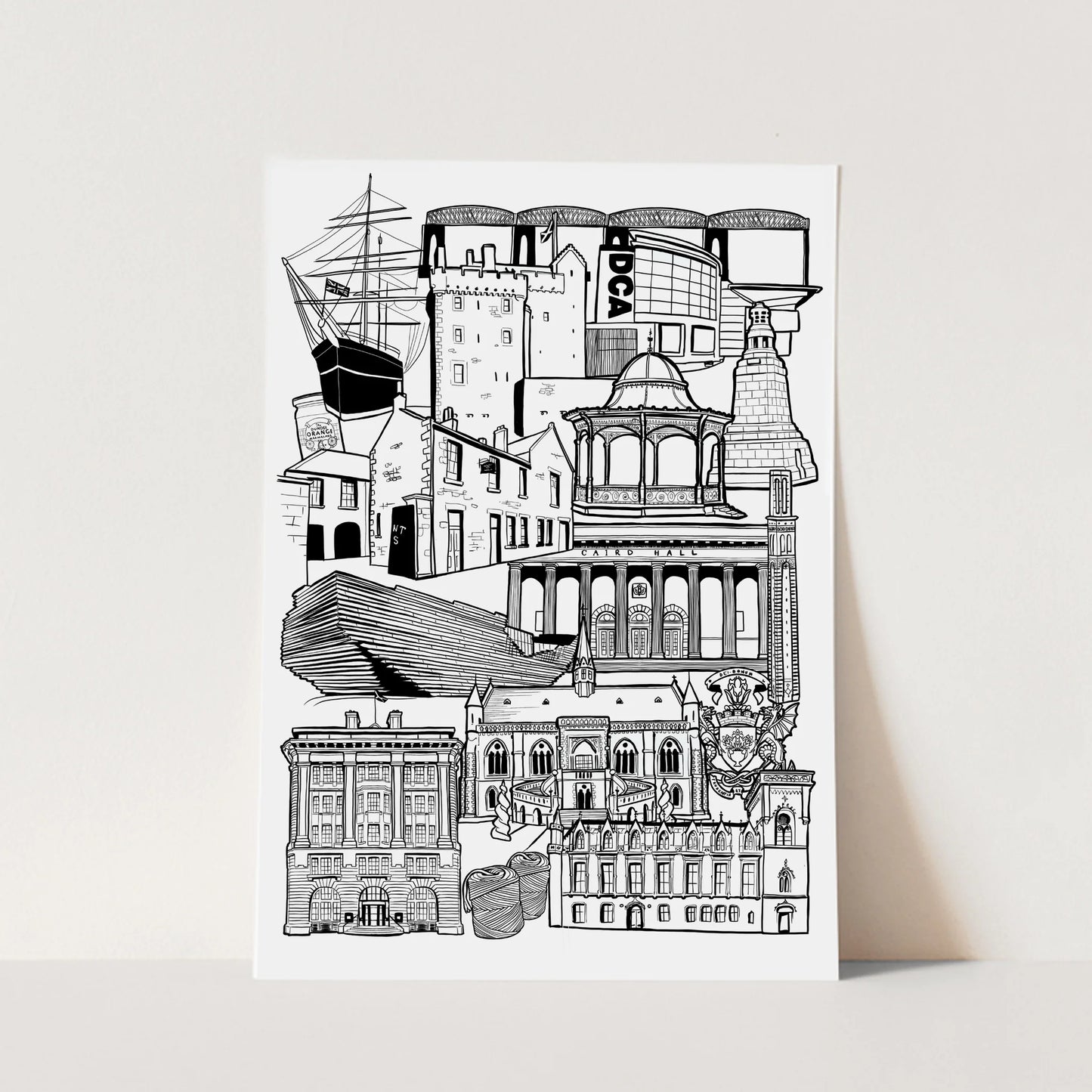 Black and white illustration of Dundee landmarks