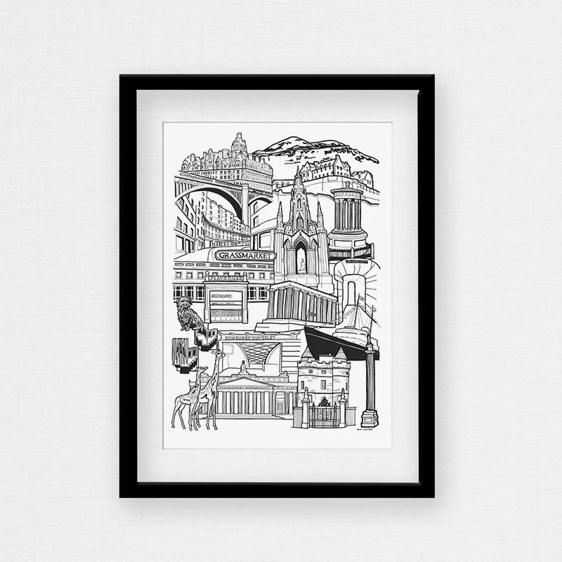 Black and white illustration of Edinburgh landmarks in a black frame