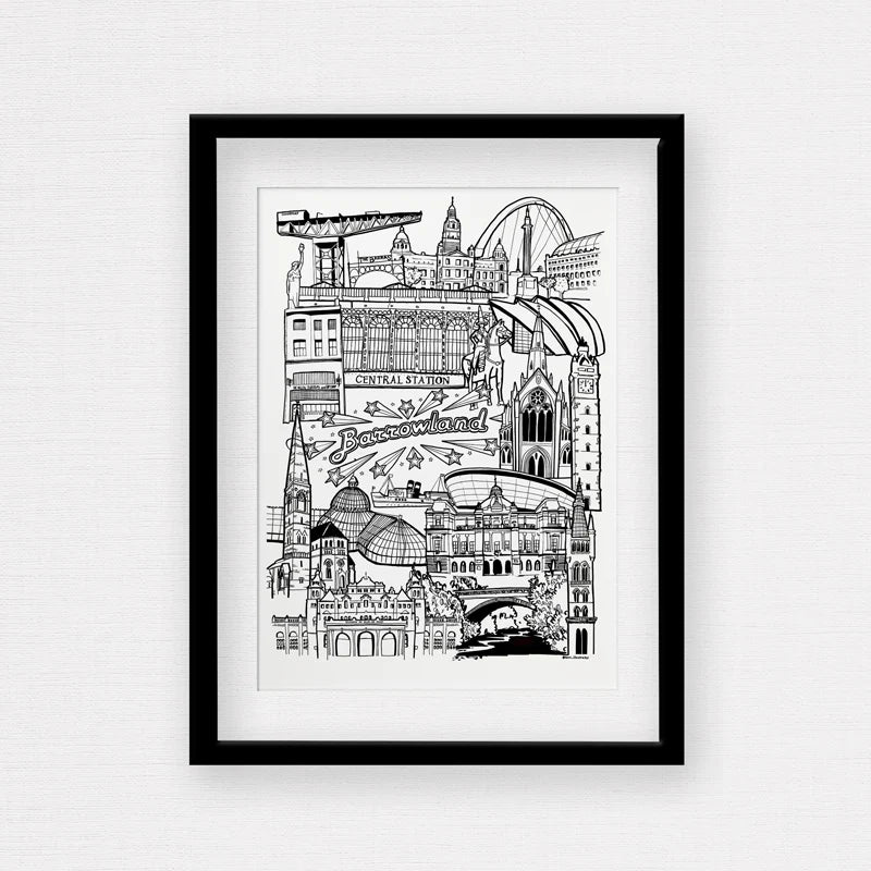 Black and white illustration of Glasgow landmarks