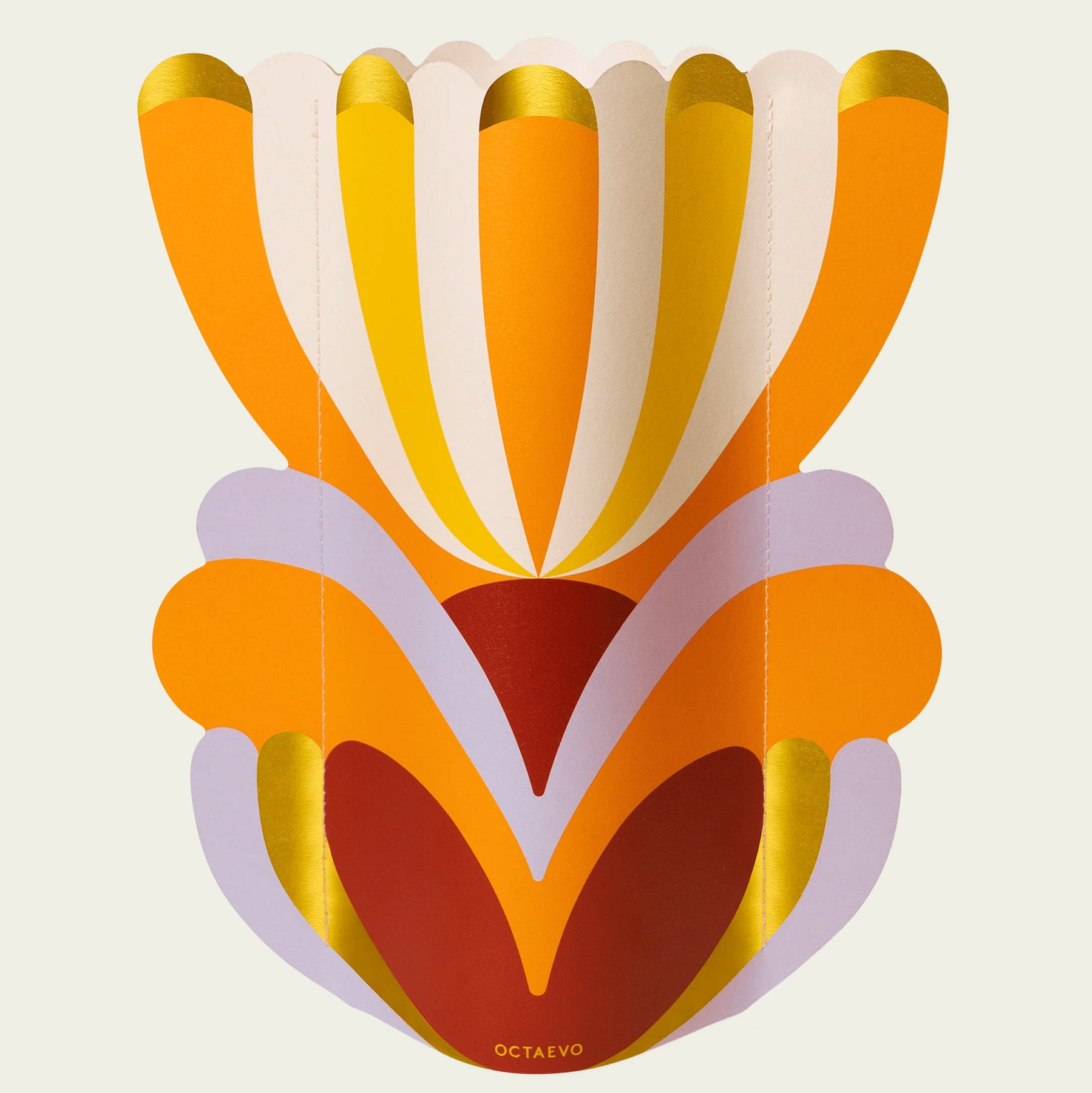 Colourful decorative paper vase in an abstract flower design sitting on white background