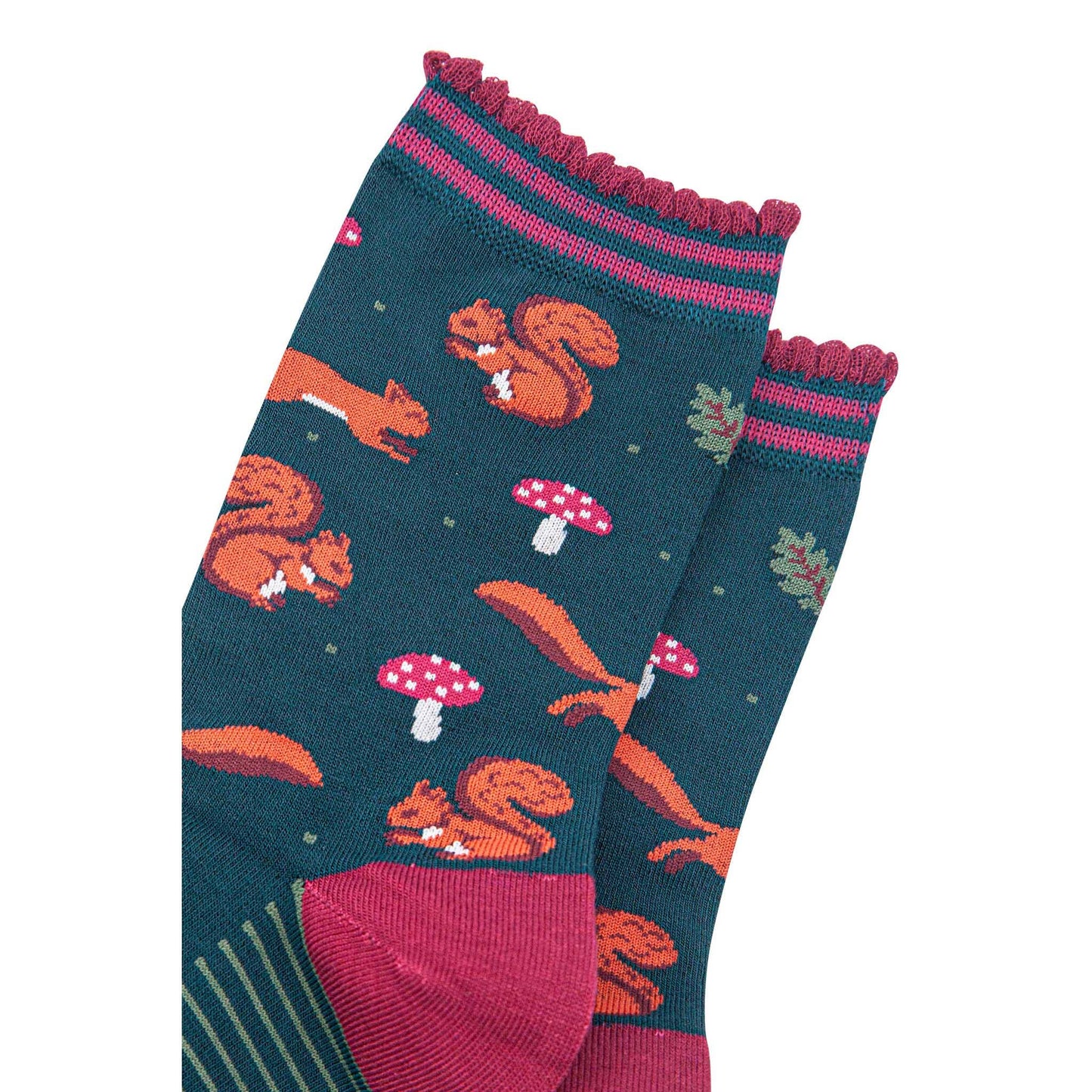 Pair of socks with squirrels and mushroom pattern on a white background