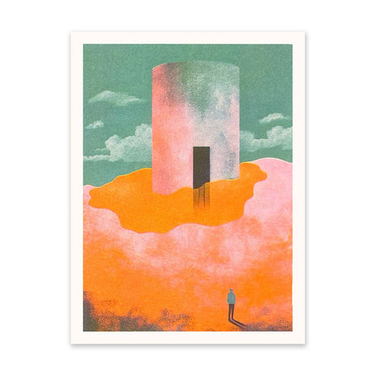 Figure and Tower In The Clouds Riso Print (8x6)