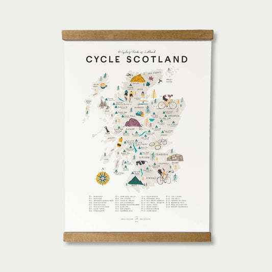 Map of Scotland with cycling routes on a white background