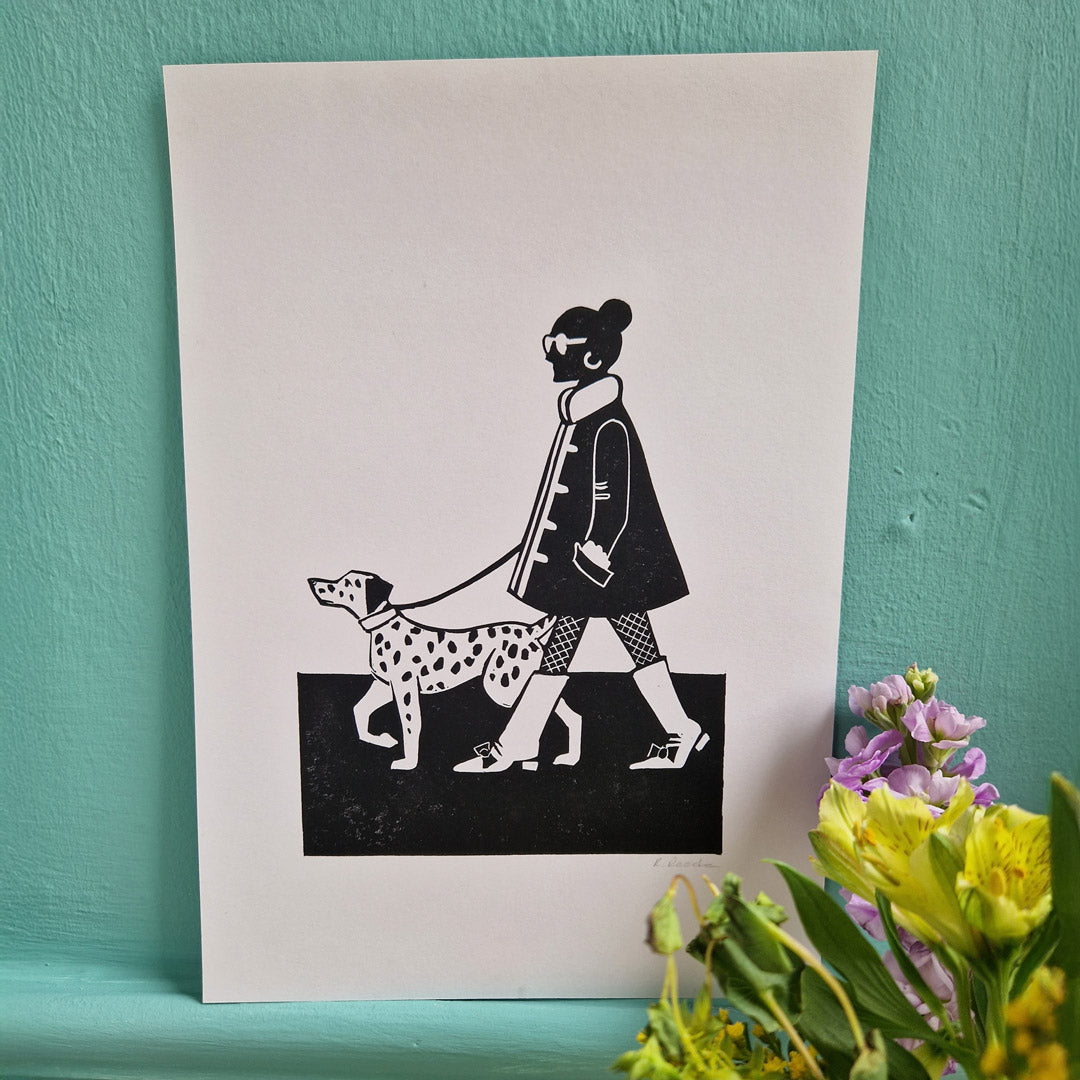 Illustration of a person walking a dog on a white background with a teal wall and flowers in the foreground.