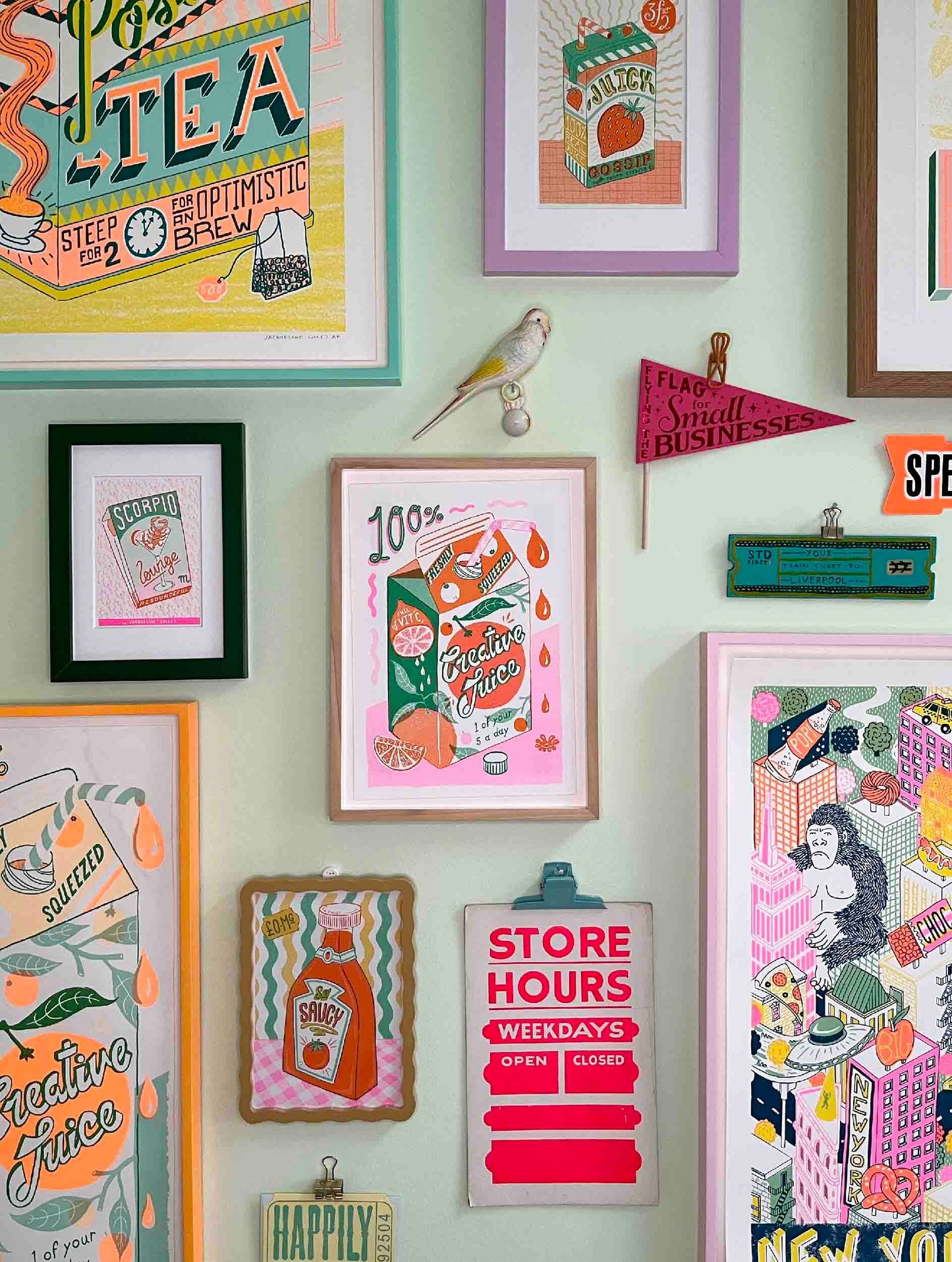 neon colourful print of orange juice carton printed by risograph designed by Jacqueline Colley. Quirky colourful home decor art print.