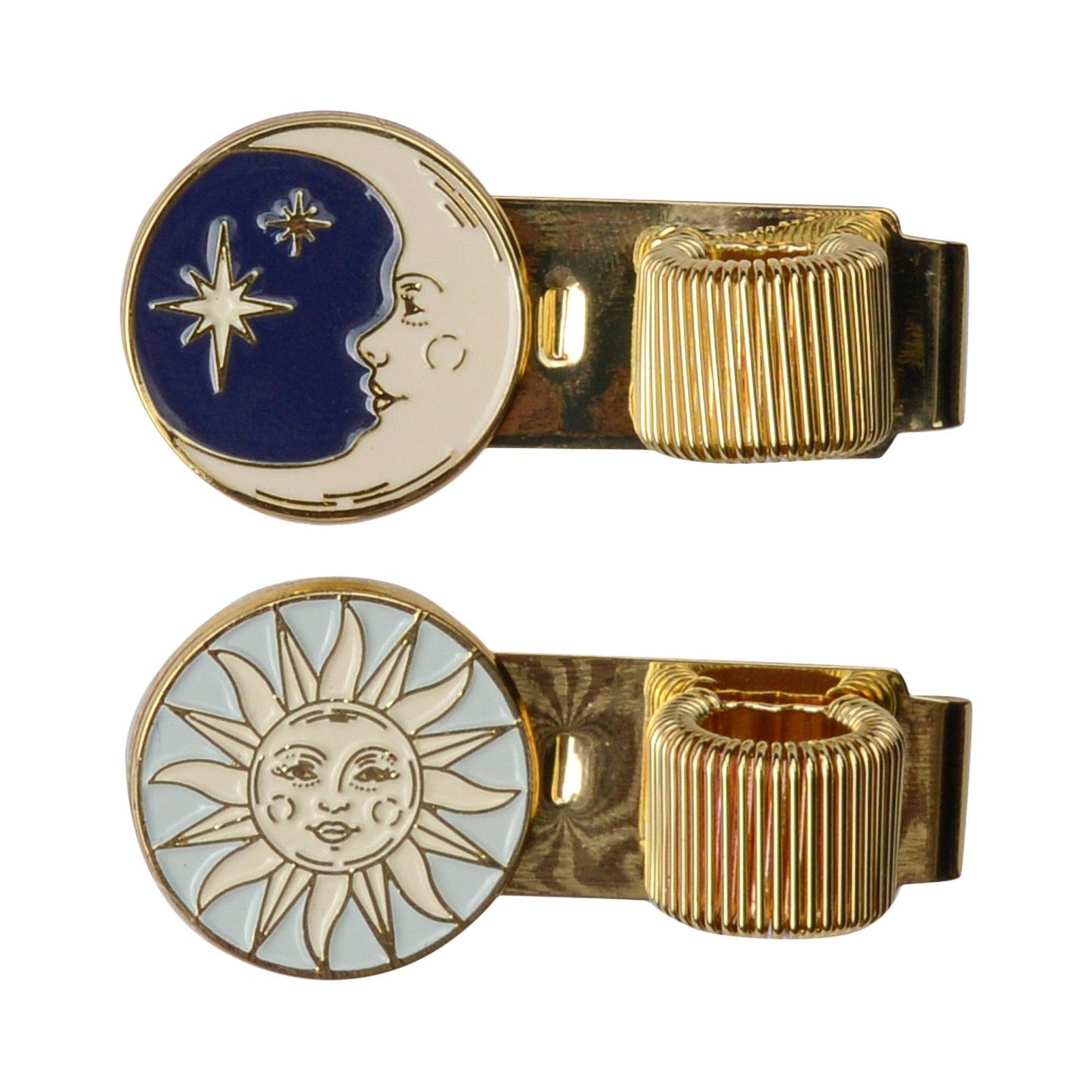 Moon and sun pen clips close up on white background