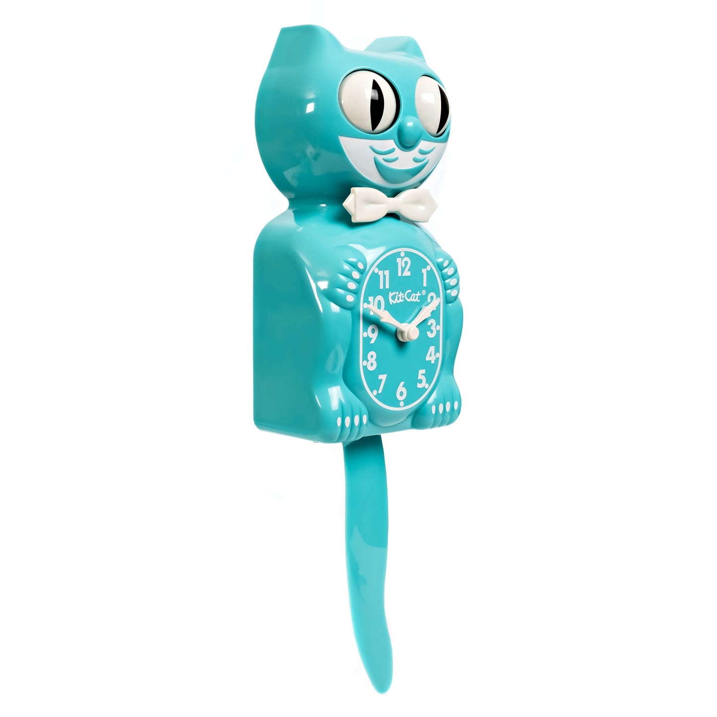 Turquoise cat-shaped clock with a white bow tie on a white background, 3/4 view