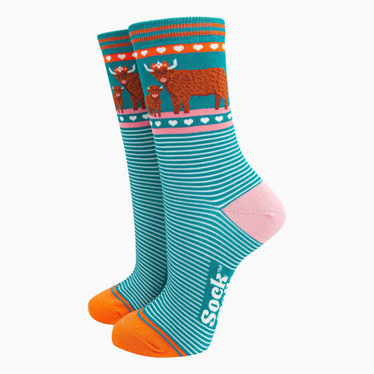 Highland Cow and Calf Women's Bamboo Socks - Teal