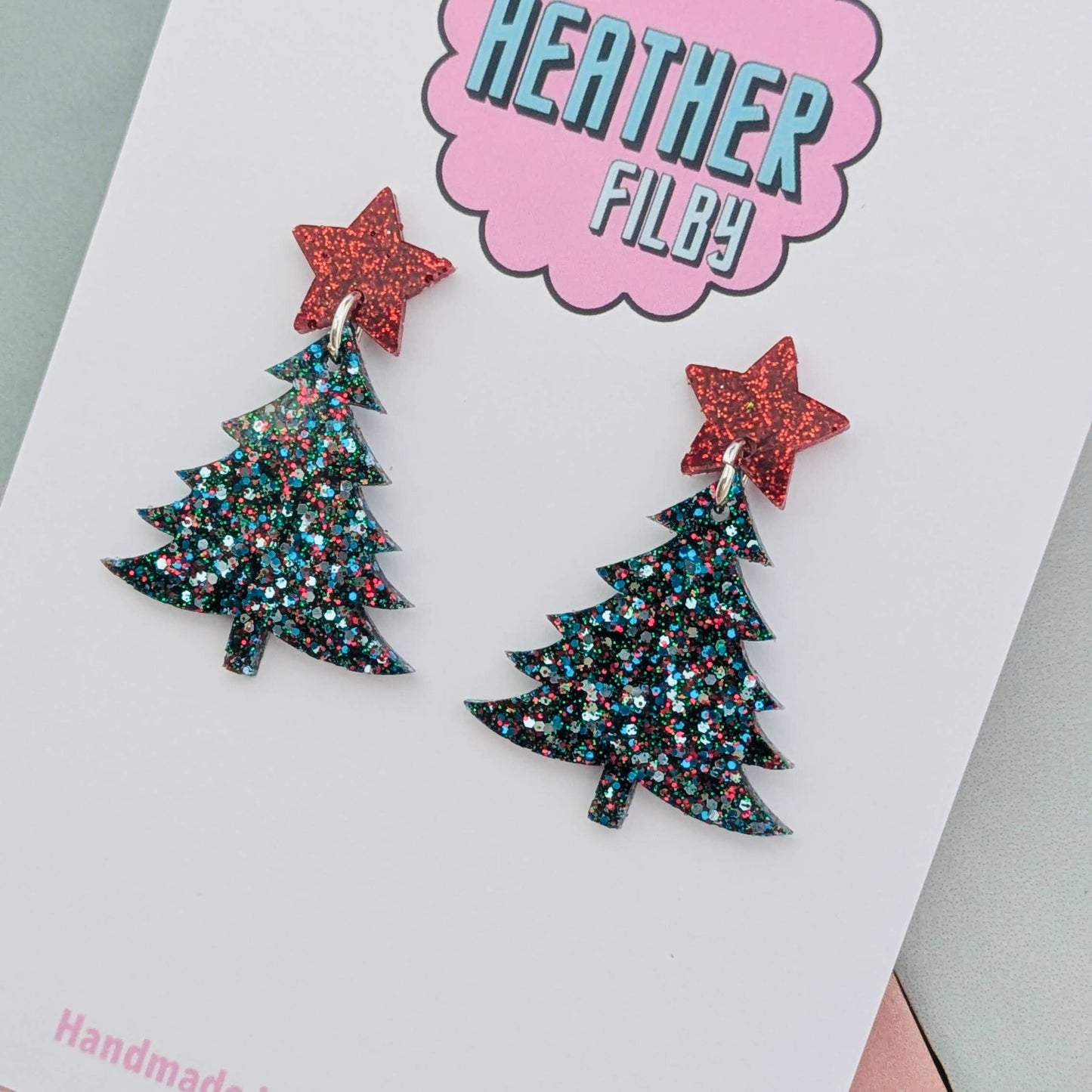 Silver and Red Glitter Christmas Tree Earrings