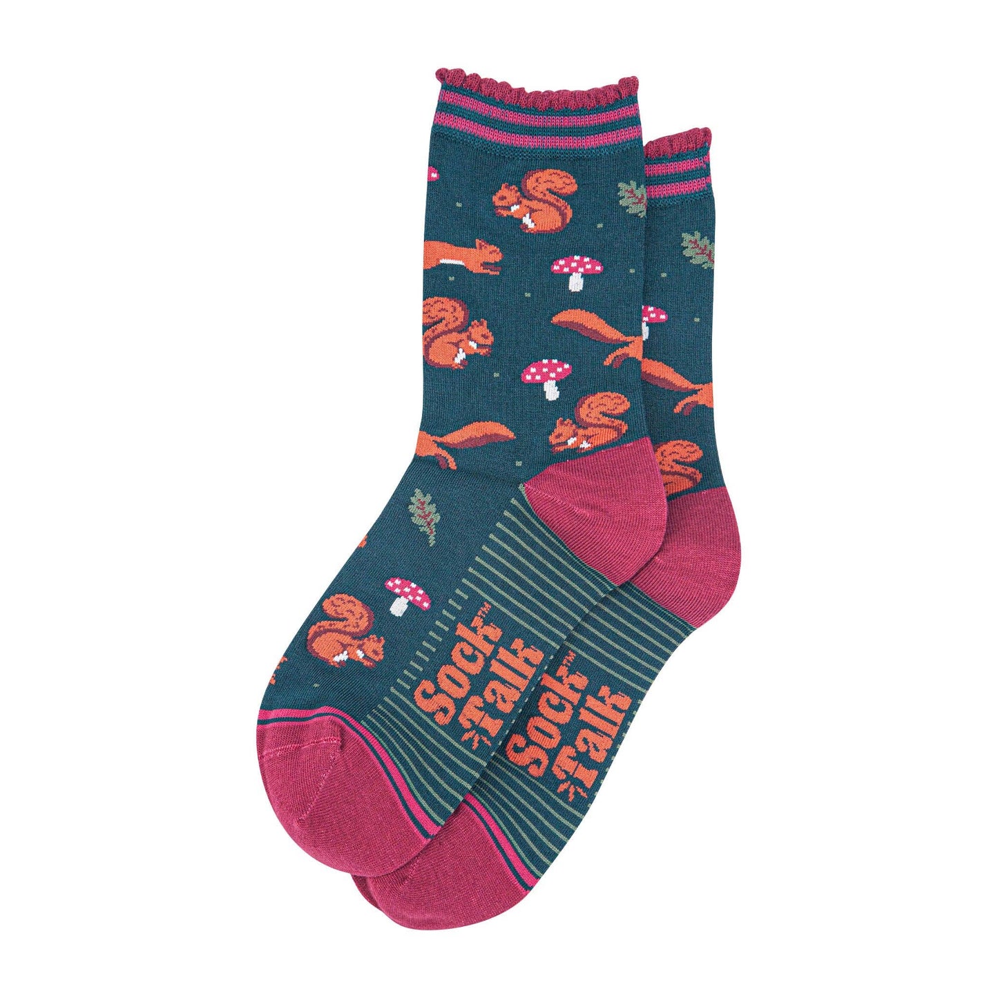 Pair of socks with squirrel and mushroom design on a white background