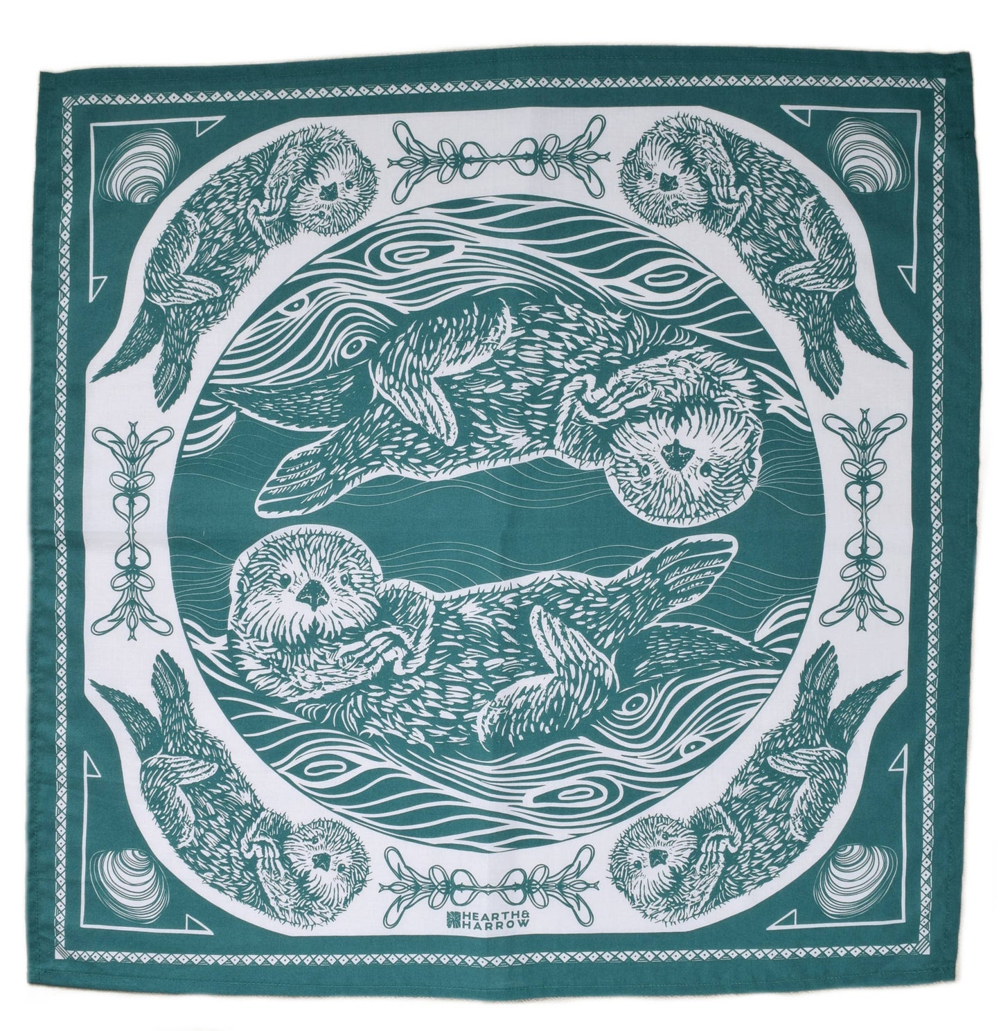 Teal bandana with white otter illustrations and patterns on a white background
