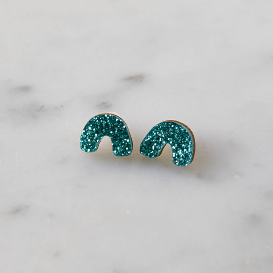 Glitter Arc Stud Earrings in Teal - Sparkle Christmas