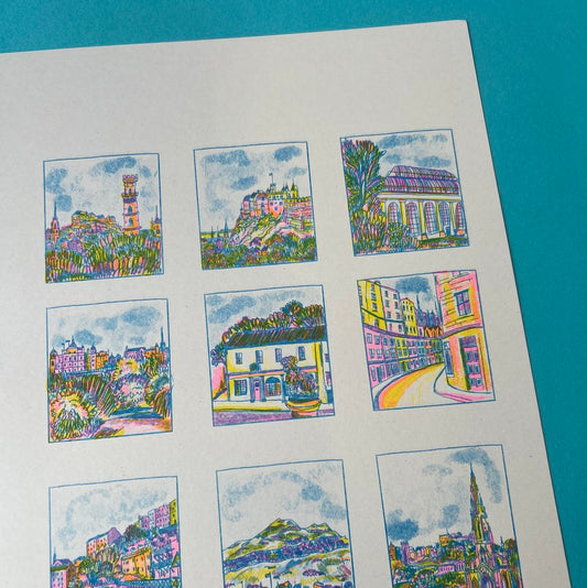 An A4 print containing a collection of colorful illustrations of Edinburgh's hottest spots, featuring various buildings and landscapes.