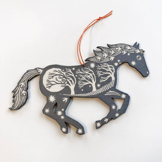 Horse - Silver Grey Screenprinted Wooden Decoration