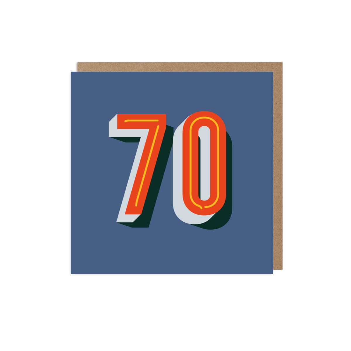 A colorful 70th birthday card with the number 70 printed in bold letters, on a navy background, with a kraft envelope included.