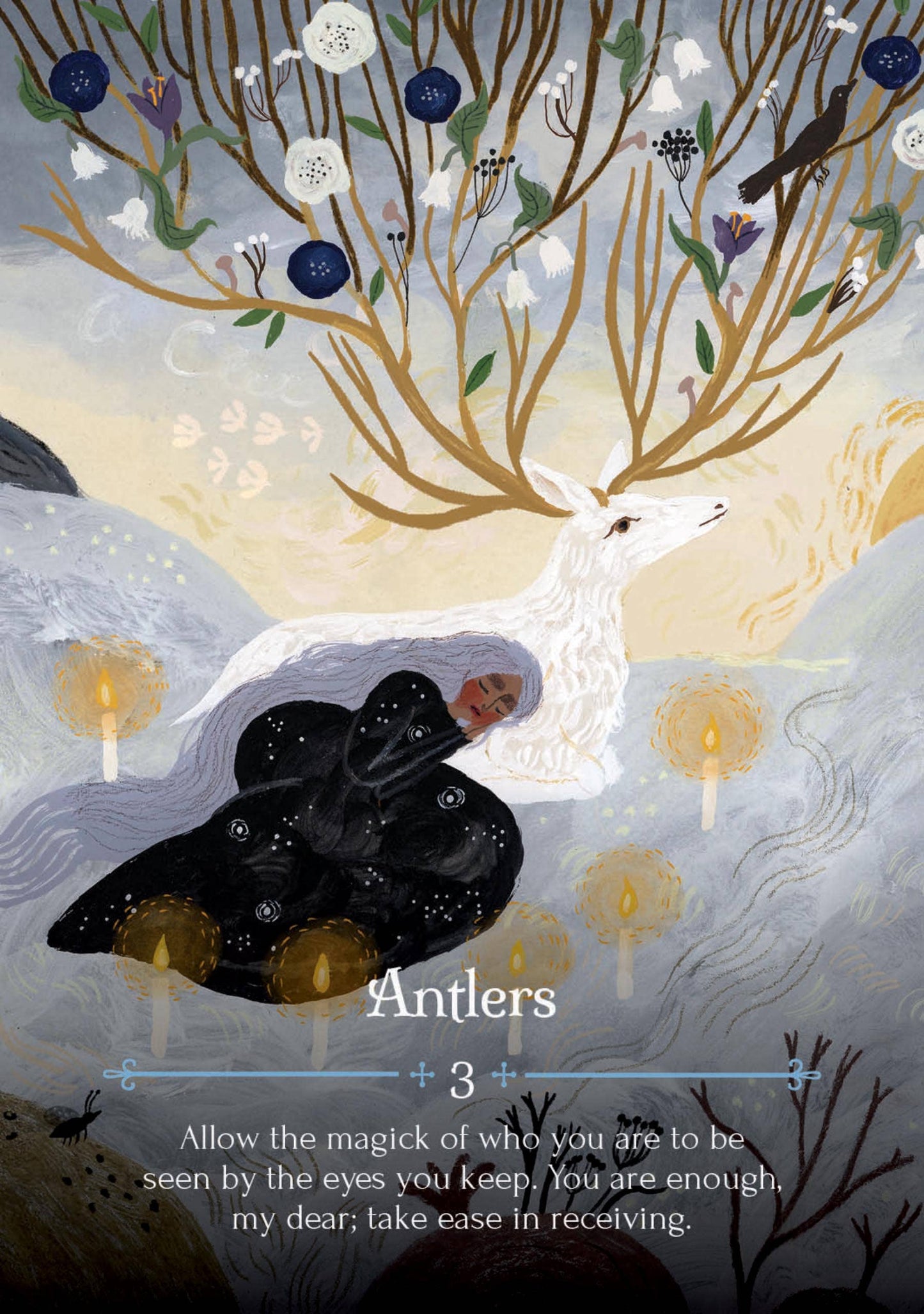 Illustration of a deer with antlers in a mystical landscape with candles and flowers.